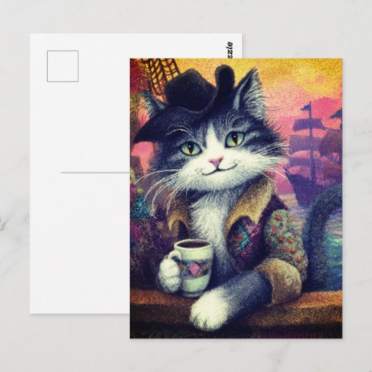 Cute Pirate Cat With a Coffee Briefkaart (Voorkant / Achterkant)