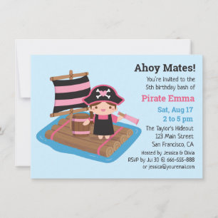 Cute Pirate Girl Boat Raft Kinderen Birthday Party Kaart