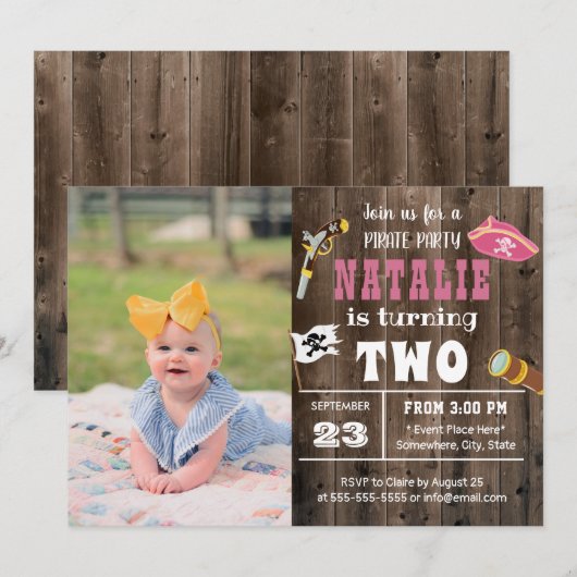 Cute Pirate Girl Custom Foto 2e verjaardag Kaart (Voorkant / Achterkant)