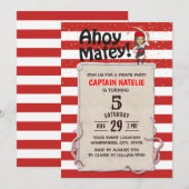 Cute Pirate Girl Red Stripes Birthday Party Kaart (Voorkant / Achterkant)