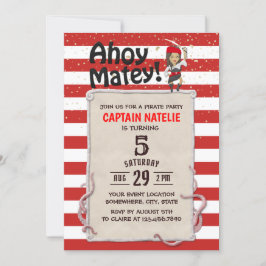 Cute Pirate Girl Red Stripes Birthday Party Kaart
