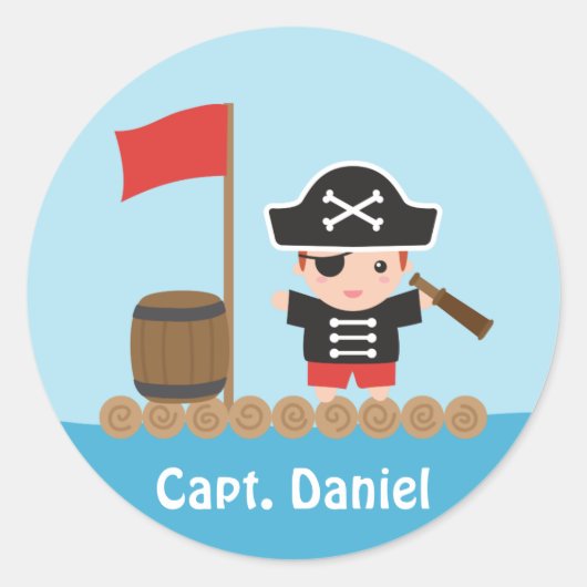 Cute Pirate Kapitein Ocean Raft Boy Ronde Sticker (Voorkant)
