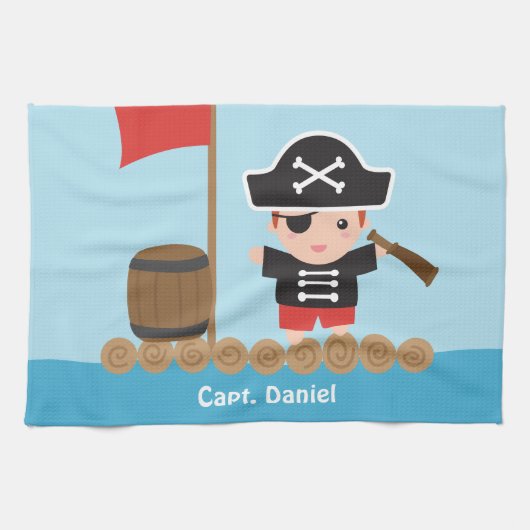 Cute Pirate Kapitein Ocean Raft Boy Theedoek (Horizontaal)