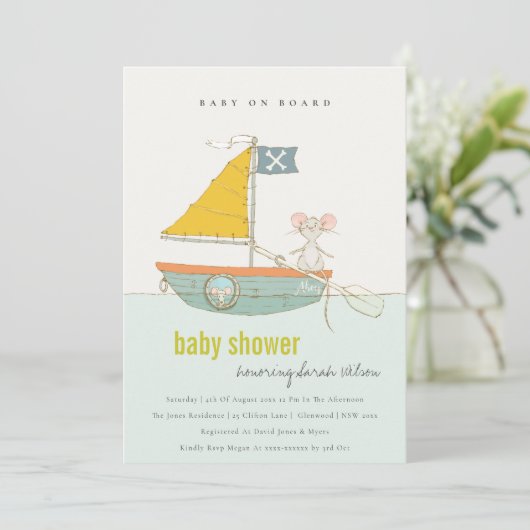 Cute Pirate Mouse Sailboat Baby shower nodigt uit Bedankkaart (Staand voorkant)