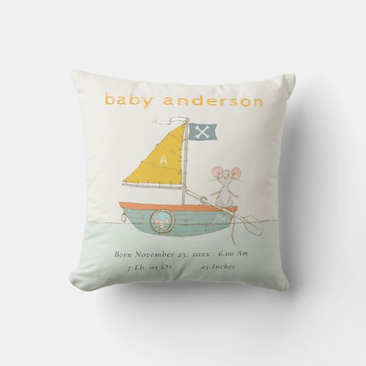 Cute Pirate Mouse Sailboat Kinder Monogram Baby St Kussen (Voorkant)