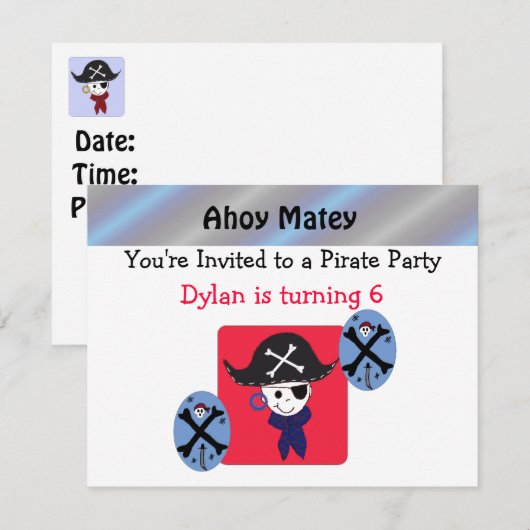 Cute Pirate Party Invitation Kaart (Voorkant / Achterkant)