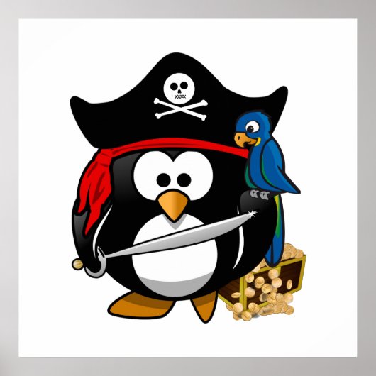 Cute Pirate Penguin met Treasure Chest Poster (Voorkant)