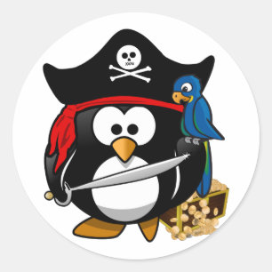 Cute Pirate Penguin met Treasure Chest Ronde Sticker