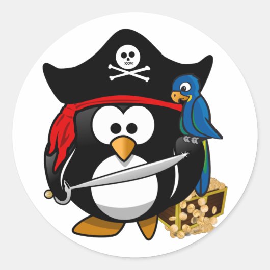 Cute Pirate Penguin met Treasure Chest Ronde Sticker (Voorkant)