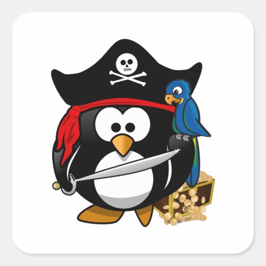 Cute Pirate Penguin met Treasure Chest Vierkante Sticker (Voorkant)