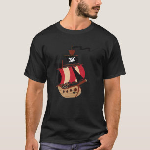 Cute Pirate Ship Cartoon Sailboat Skull Captai T-shirt