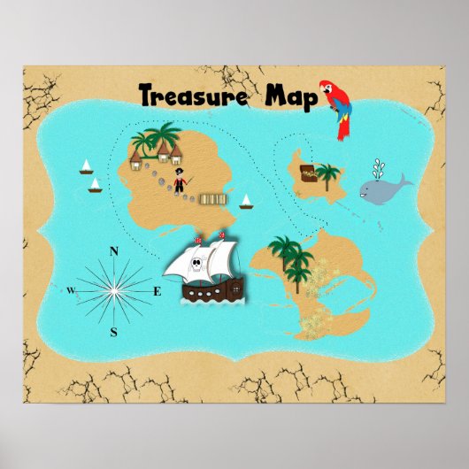 Cute Pirates Hidden Treasure Map voor kinderen Poster (Voorkant)