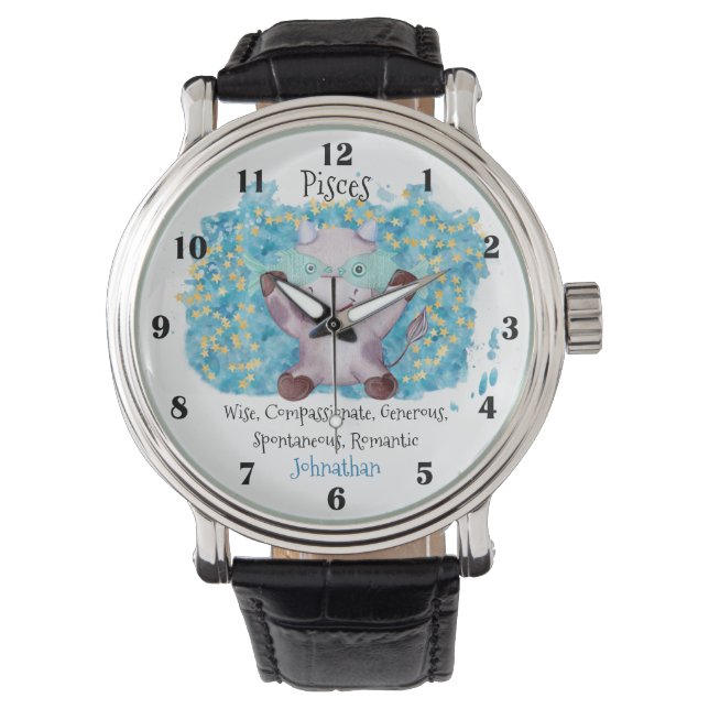 Cute Pisces Fish Waterverf Bull Zodiac Custom Horloge (Voorkant)