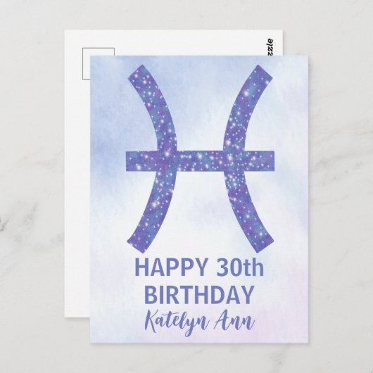 Cute Pisces Sign Custom Paars Happy Birthday Briefkaart (Voorkant / Achterkant)