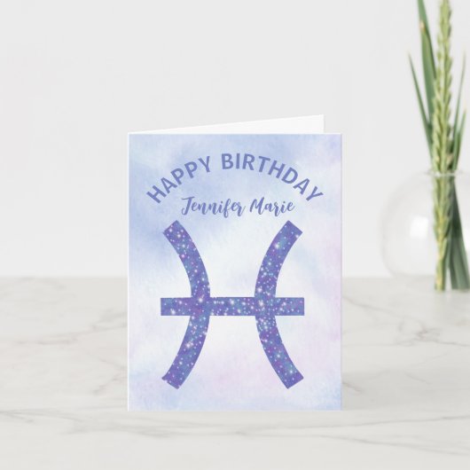 Cute Pisces Sign Custom Paars Happy Birthday Kaart (Voorkant)