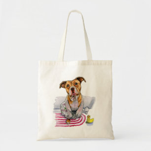 Cute Pit Bull Dog in Bathrobe Waterverf Painting Tote Bag