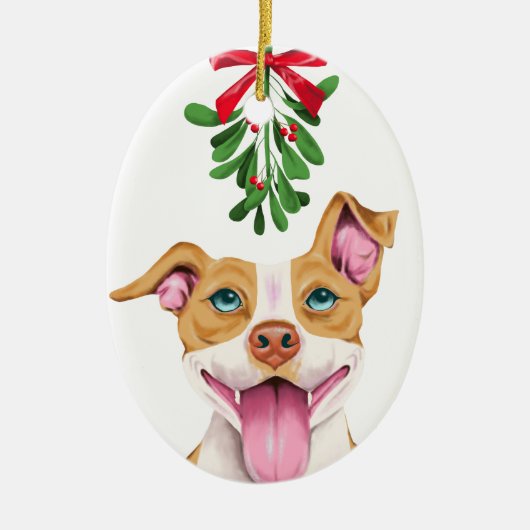 Cute Pitbull Dog onder mistletoe Keramisch Ornament (Voorkant)