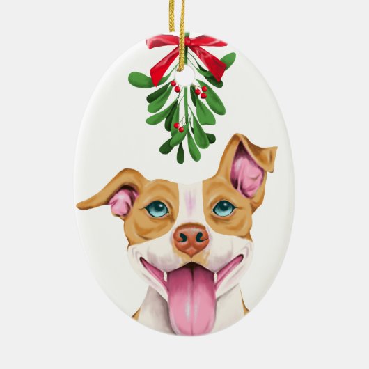 Cute Pitbull Dog onder mistletoe Keramisch Ornament (Achterkant)