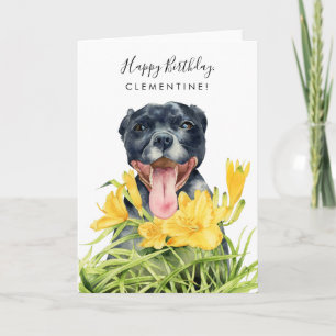 Cute Pitbull Dog Yellow Floral Garden Birthday Kaart