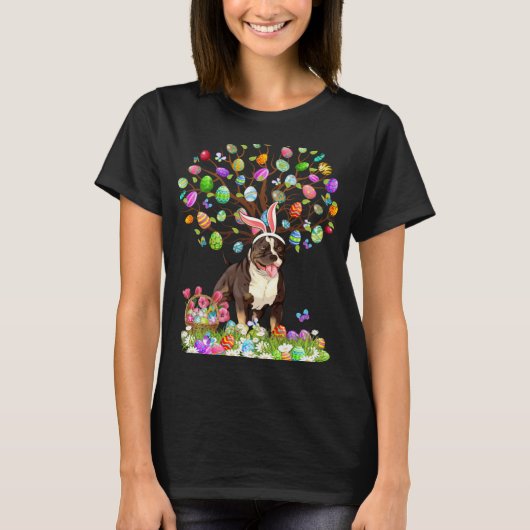 Cute Pitbull Dogs With Bunny Ears Easter Egg Tree  T-shirt (Voorkant)