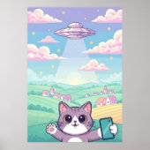 Cute Pixel Art Cat with UFO in Pastel Sky Kawaii Poster (Voorkant)