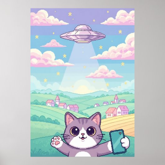 Cute Pixel Art Cat with UFO in Pastel Sky Kawaii Poster (Voorkant)