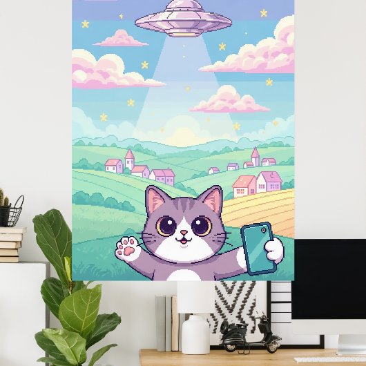 Cute Pixel Art Cat with UFO in Pastel Sky Kawaii Poster (Thuiskantoor)