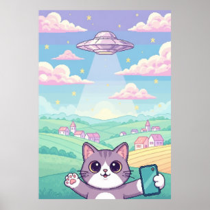 Cute Pixel Art Kat met UFO in Pastel Hemel Kawaii Poster