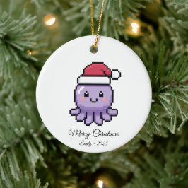 Cute Pixel Art Octopus Santa Hat Christmas Gift Keramisch Ornament