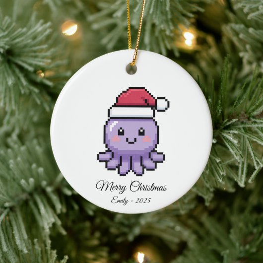 Cute Pixel Art Octopus Santa Hat Christmas Gift Keramisch Ornament (Boom)