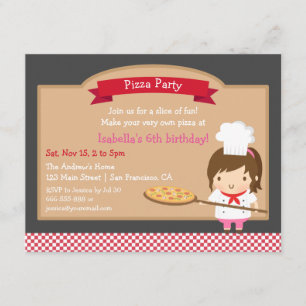 Cute Pizza Chef Girl Birthday Party Custom Kaart