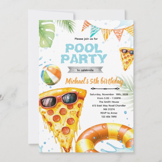 Cute pizza pool party theme invitation kaart (Voorkant)