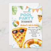 Cute pizza pool party theme invitation kaart (Voorkant / Achterkant)