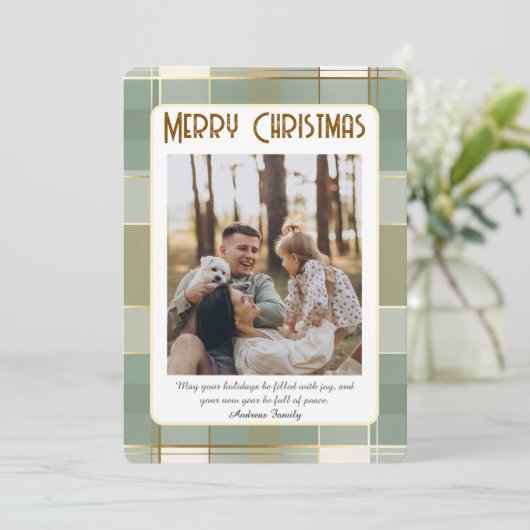 Cute Plaid Christmas Card with Family Photo  Feestdagenkaart (Staand voorkant)