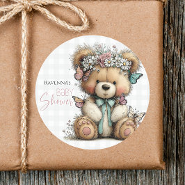 Cute Plaid Teddy Bloemen Daisy Baby Shower Ronde Sticker