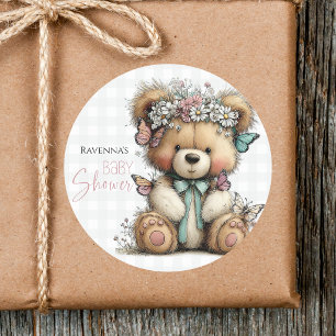 Cute Plaid Teddy Bloemen Daisy Baby Shower Ronde Sticker