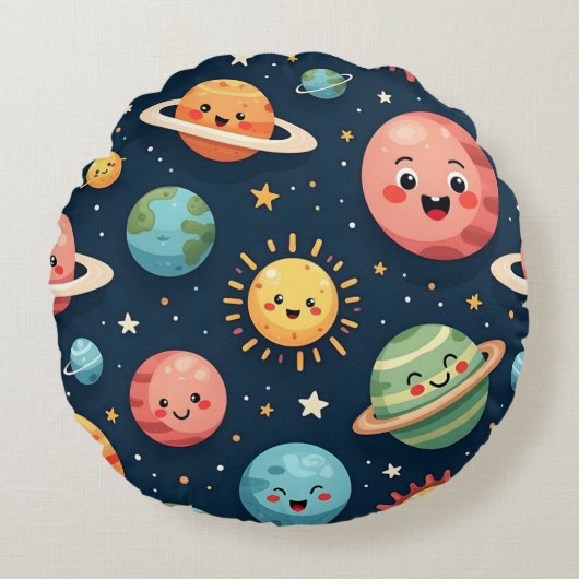 Cute Planeten Kawaii Ruimte Ronde Kussen (Voorkant)