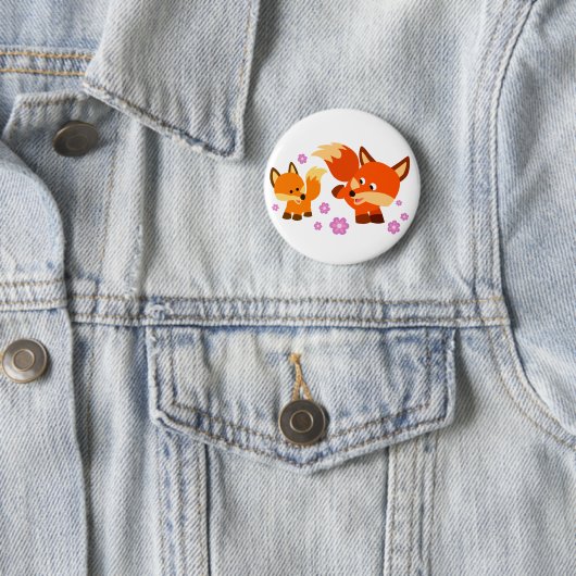 Cute Playful Cartoon Foxes Button Badge (In situ)