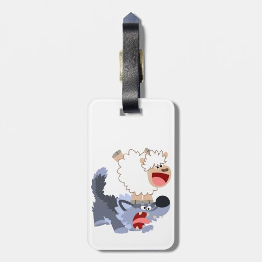 Cute Playful Cartoon Sheep and Wolf Bagagelabel (Achterkant verticaal)