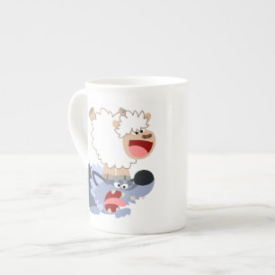 Cute Playful Cartoon Sheep and Wolf Bone China Mok