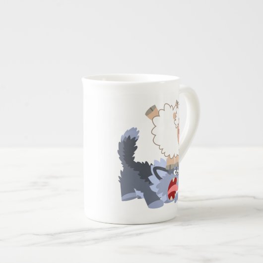 Cute Playful Cartoon Sheep and Wolf Bone China Mok (Voorkant rechts)