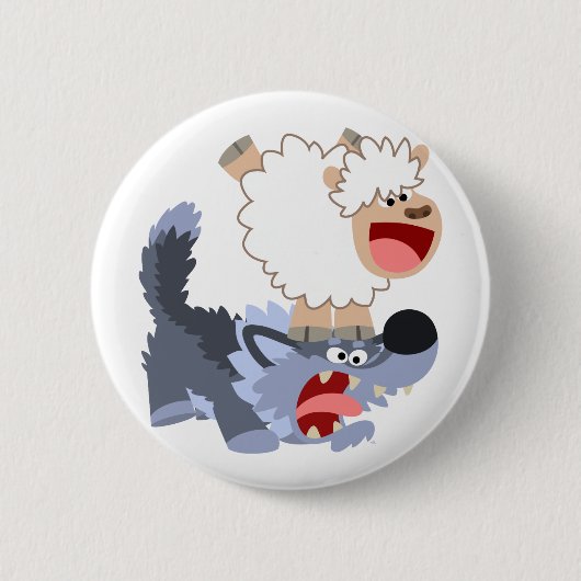 Cute Playful Cartoon Sheep and Wolf Button Badge (Voorkant)