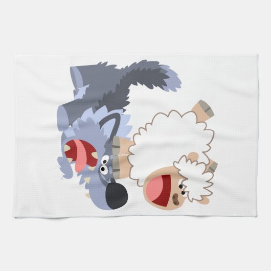 Cute Playful Cartoon Sheep and Wolf Kitchen Towel Theedoek (Horizontaal)