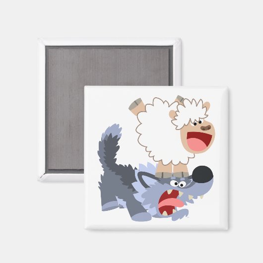 Cute Playful Cartoon Sheep and Wolf Magnet (Voorkant / Achterkant)