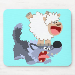 Cute Playful Cartoon Sheep and Wolf Mousepad Muismat