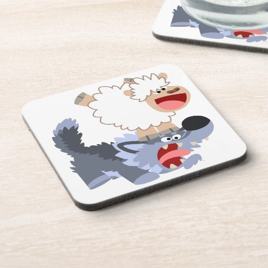 Cute Playful Cartoon Sheep and Wolf Onderzetters S (Linkerzijde)