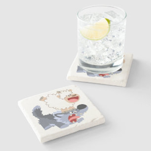 Cute Playful Cartoon Sheep and Wolf Stone Onderzet Stenen Onderzetter