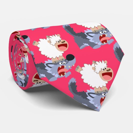 Cute Playful Cartoon Sheep and Wolf Stropdas (Opgerold)