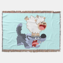 Cute Playful Cartoon Sheep and Wolf Throw Blanket Deken