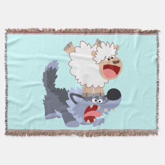 Cute Playful Cartoon Sheep and Wolf Throw Blanket Deken (Voorkant)